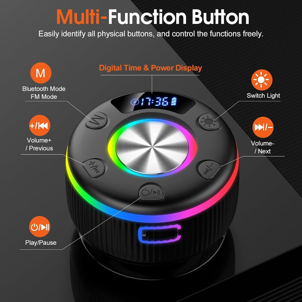 ShowerBeat - The Ultra-Waterproof IP7 Bluetooth Speaker with RGB Lights & Time Display.